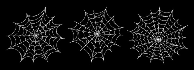 White spooky spider web collection. Creepy cobweb decor set. Halloween frame and borders elements for banner, poster, decoration. Linear scary tangled net bundle. Vector Haloween outline pack