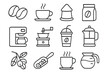 © Vuyen - Coffee line icon set for cafe and barista. Vector outline symbols of the coffee making process. Includes coffee bean, cup, grinder, maker, french press, pot, capsule, drink.