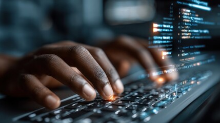 Developer hands typing on laptop keyboard with glowing programming code on screen.