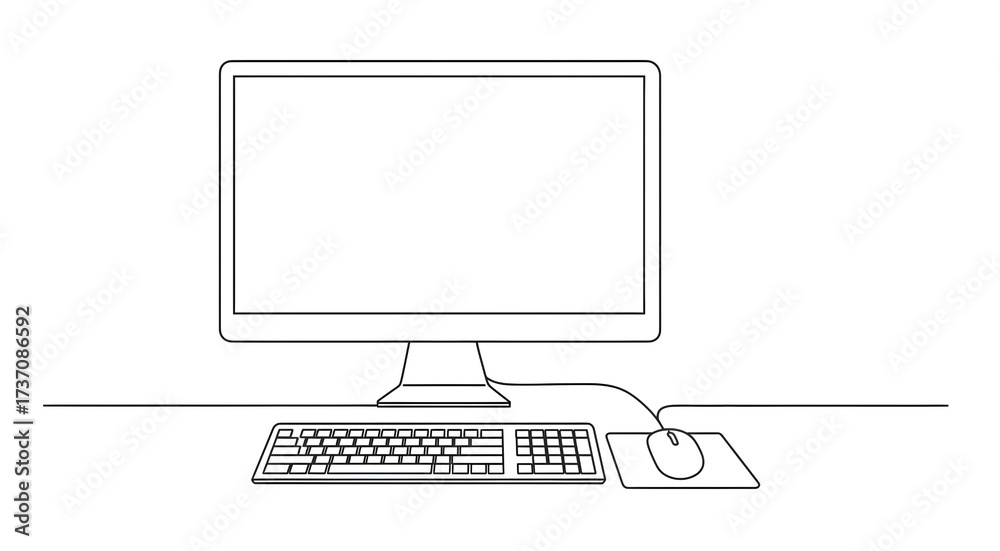 Sleek line art illustration of a desktop computer setup featuring a ...