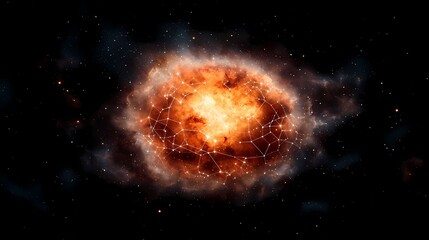 Wall Mural - The image shows a mesmerizing cosmos with a dynamic orange nebula in the center decorated with white constellation lines, surrounded by myriad of stars against a dark galactic backdrop.