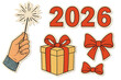 © Rafael - 2026 New Year Christmas retro collage set. Halftone paper cut-out elements. Hand with sparkler, gift box, red bows. Festive holiday celebration vector illustration.