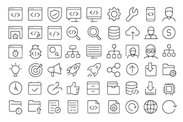 Programming and coding line icon set. Web development, software engineering, information technology concepts. Vector symbols for app developer, database, API, bug, cloud.