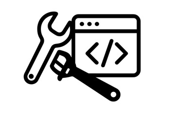 Web development icon with wrench and spanner tools, coding symbol browser window, digital programming maintenance and software repair vector illustration with transparent background