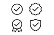 © Grace - Verification badge icon set. Check mark for approved profile, quality guarantee and security. Certified seal, award ribbon and protection shield. Vector success symbol.