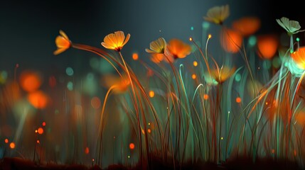 Wall Mural - Surreal Glowing Digital Field of Abstract Colorful Flowers