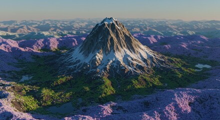 A breathtaking view showcases a majestic snow-capped mountain rising above a vibrant landscape, filled with flowering trees in shades of purple and green.