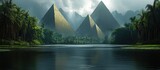 Pyramids across still water with lush jungle