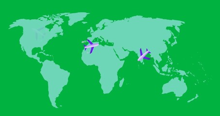 Wall Mural - Animation of world map with plane icons on transparent background