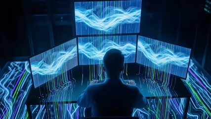 A technician analyzes glowing data waveforms on multiple screens in a futuristic high-tech data center control room