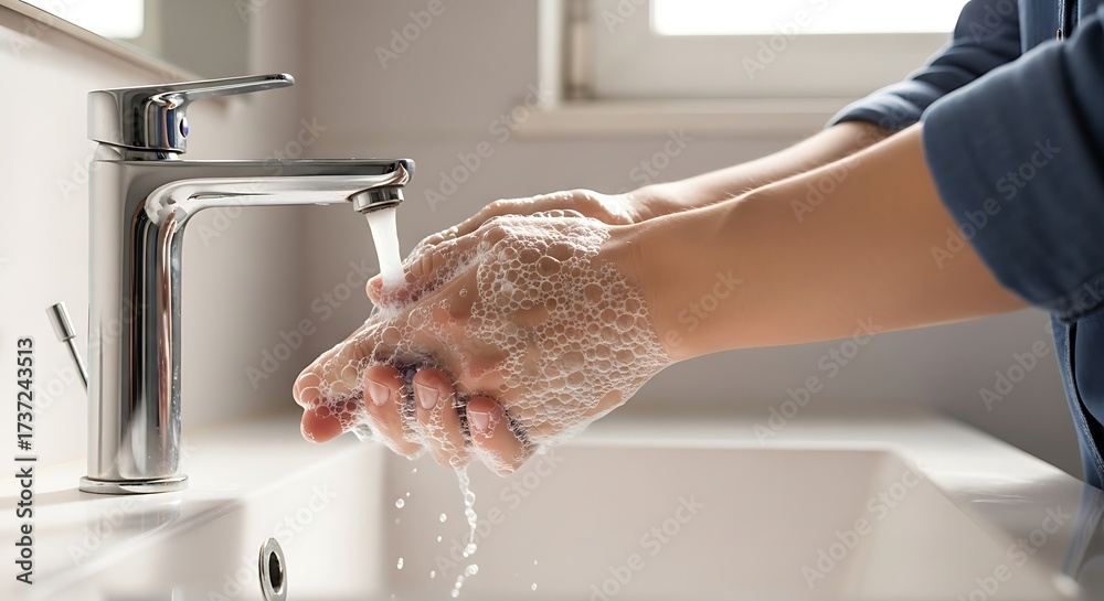 Person washing hands with soap under running water at a sink. Stock ...