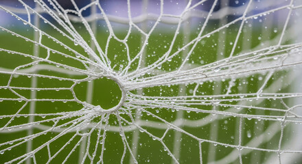 Close up of a wet soccer goal net with water droplets