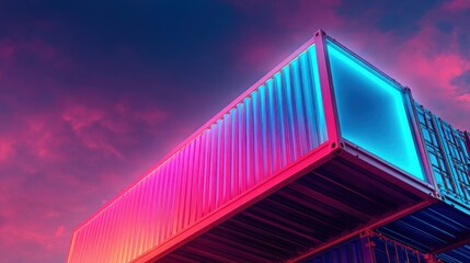Vibrant Colorful Shipping Container Stacked Against a Dramatic Sky at Sunset with Strong Blue and Pink Lighting Effects