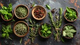 Assorted Fresh Culinary Herbs in Bowls on a Dark Textured Surface Overhead View Colorful Variety of Spices Seasonings and Aromatic Plants