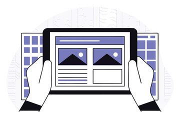 Hands holding tablet displaying website layout with abstract background device screen