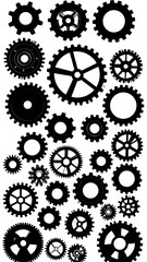 An array of various sized, black cog wheels