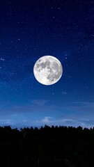 Wall Mural - Magnificent full moon with a starry sky backdrop over a silhouette of trees, creating a serene and celestial night scene, mystical.