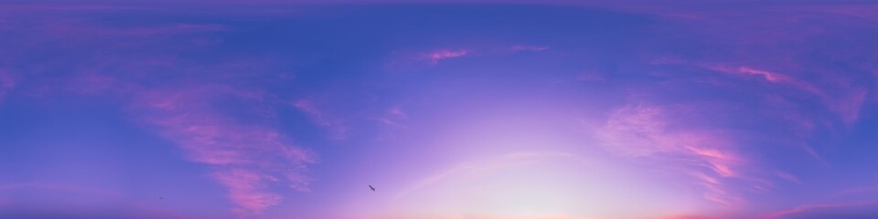 Wall Mural - Sunset sky with bright glowing pink Cirrus clouds. Seamless spherical HDR 360 panorama. Full zenith or sky dome in 3D, sky replacement for aerial drone panoramas. Climate and weather change.