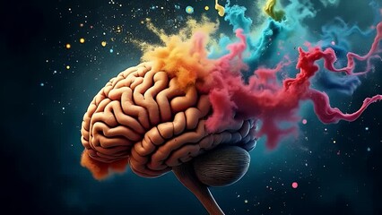 A realistic human brain floating in space, exploding into vibrant clouds of colorful paint and ink, symbolizing creativity and imagination in abstract realism.