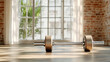 © siraphol - Close up of dumbbells gym floor with sunlight streaming through windows, creating warm