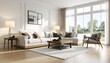 © PDWN Creative - Spacious and Bright Modern Living Room Interior with Elegant Neutral Decor and Large Windows Overlooking Green Outdoors