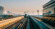 © Great Brut Here - monorail Metro In Dubai, United Arab Emirates. FPV POV At Fast Speed Drive Motion. driverless metro. futuristic city skyline in UAE.street motion Dubai Subway Tunnel