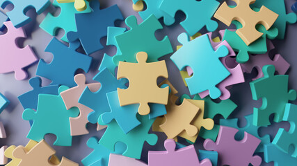 Colorful puzzle pieces scattered in abstract 3D background