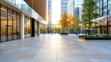 Modern city square with futuristic buildings, wide pedestrian area, and vibrant trees