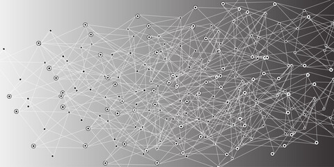 A digital network mesh of glowing connection nodes and fine intersecting lines on a smooth gradient gray background, symbolizing data flow, communication, and modern technology.