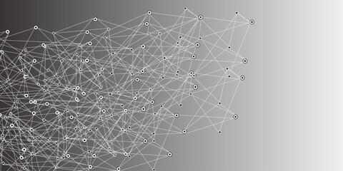 A digital network mesh of glowing connection nodes and fine intersecting lines on a smooth gradient gray background, symbolizing data flow, communication, and modern technology.