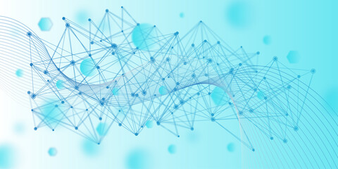 A web of blue geometric connections and nodes blends with smooth wave lines, illustrating the harmony of digital communication, blockchain technology, 