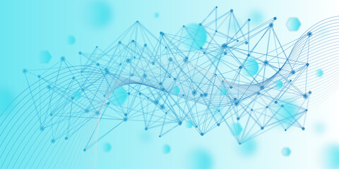 A dynamic digital network pattern with glowing blue dots and connecting lines forming a lattice over flowing curves, symbolizing big data, machine learning, and global connectivity in a modern tech-