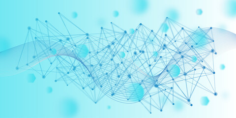 A web of blue geometric connections and nodes blends with smooth wave lines, illustrating the harmony of digital communication, blockchain technology, 