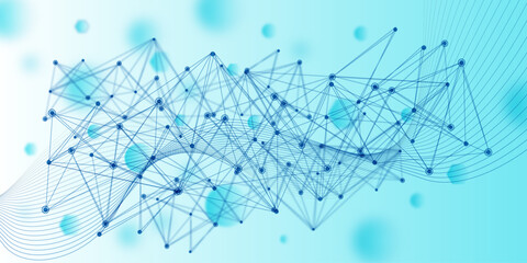 A dynamic digital network pattern with glowing blue dots and connecting lines forming a lattice over flowing curves, symbolizing big data, machine learning, and global connectivity in a modern tech-