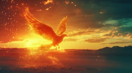Wall Mural - A majestic phoenix rises triumphantly against a stunning sunset. This represents rebirth and resilience. Colors blend beautifully creating a captivating scene. Generative AI