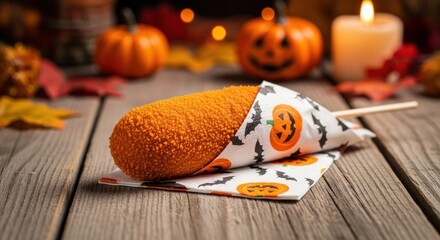 Wall Mural - Halloween corn dog on a wooden table with pumpkins and fall leaves in the background