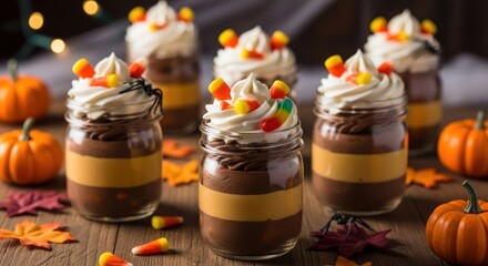 Wall Mural - Halloween desserts in jars with candy corn and pumpkins on a rustic wooden surface
