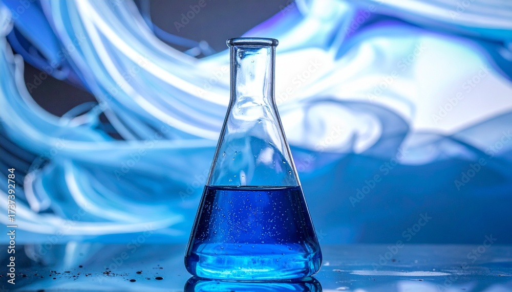 Erlenmeyer flasks with vibrant blue liquid and bubbles on reflective ...