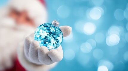 Santa Claus holding blue Christmas bauble, glittery with floral pattern, on blue bokeh background, close - up, copy space
