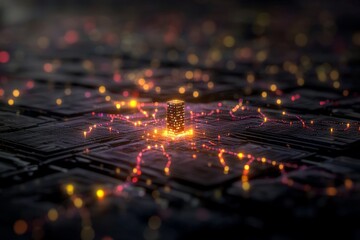 Wall Mural - Futuristic technology concept with glowing building and circuit board design, perfect for cutting-edge projects and innovative ideas, a modern tech aesthetic