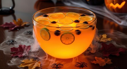 Wall Mural - Halloween punch bowl with citrus and berries for a spooky party celebration scene
