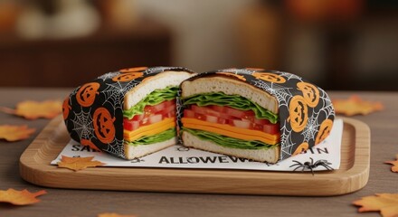 Wall Mural - Halloween themed sandwich cut in half on a wooden tray with autumn leaves decoration
