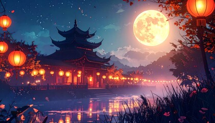 Wall Mural - The red shadows of the beautiful temple during the Chinese New Year festival contrast with the deep blue sky in the evening