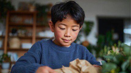 A young boy smiling at a plant he's tending indoors.
