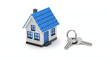 © Eggie - A blue 3D model of a house with a set of keys on a white isolated background.