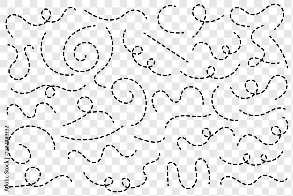 Hand drawn squiggly dashed, dotted lines, curved lines. Hand drawn ...