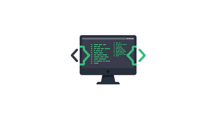 Computer screen displaying code with green highlights, set against a minimalist workspace background