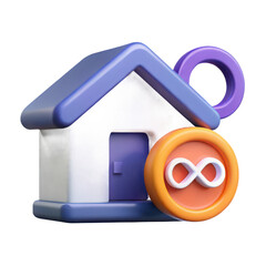 Stylized 3d cartoon house with an infinity symbol coin and loop isolated on transparent background