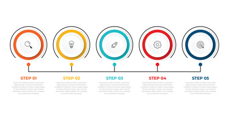 Modern and abstract infographic design featuring 5 steps circles showcasing business icons and concepts, ideal for presentations, reports, or analytics. Vector illustration.