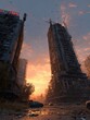 © Anat art - Abandoned skyscrapers decay under a vibrant sunset, surrounded by debris and overgrowth, evoking a haunting sense of desolation.